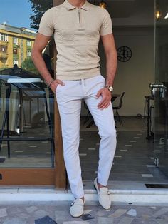 Bano Beige Slim Fit Zipper Polo T-Shirt-baagr.myshopify.com-T-shirt-BOJONI Mens Dressy Casual, How To Wear Shirt, Polo T Shirts For Men, Polo Shirt Outfits, Mens Knit Sweater, Beige T Shirts, Beige Shirt, Mens Casual Outfits Summer, Slim Fit Polo