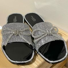 Brand New And Never Before Used Charlotte Russe : Black Sandals With Rhinestone Embellishments Size : 8 Tags Attached I Usually Ship Out My Packages Within 2-3 Business Days. If There Are Any Delays Due To My Schedule, I Always Make Sure To Let My Customers Know! All Sales Are Final | No Returns If You Have Anymore Questions, Please Feel Free To Message Me At Anytime! Glamorous Flat Sandals For Night Out, Glamorous Bedazzled Flat Sandals, Bling Round Toe Sandals For Evening, Bedazzled Flat Sandals For Evening, Bedazzled Flat Evening Sandals, Glamorous Synthetic Sandals With Rhinestones, Party Flat Sandals With Bling, Flat Party Sandals With Bling, Chic Flat Sandals With Rhinestones