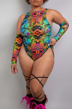 Stand out with our Lucidity Bodysuit featuring a psychedelic design, bold slits, and leg straps. Perfect for raves. Shop now for unforgettable nights! Trippy Designs, Leg Straps, Life Of The Party, Rave Wear, Rainbow Design, Gay Pride, Black Friday Sale, In Style, Shop Now