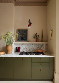 a kitchen with green cabinets and white marble counter tops, potted plants on the stove