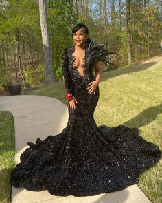 Exquisite Sequin Embellished Gown with Feather Detail and Illusion Neckline Dresses For Black Women, Birthday Luxury, Dresses Mermaid, Embellished Gown, Illusion Neckline, Black Evening Dresses, Luxury Dress, Asymmetrical Design, Mermaid Dresses