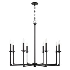 a black chandelier with six candles hanging from the bottom and four lights on each end