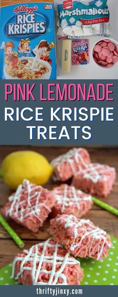 pink lemonade rice krispe treats with white icing on top and in the background