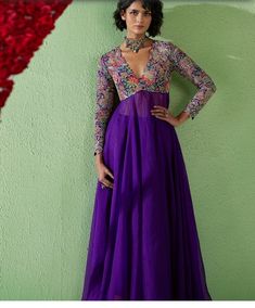 Anarkali Dress Latest Designs, Fuga Sleeves, Purple Suit Women Indian, Anarkali Designs Latest, Anarkali Suits Designer Latest, V Neck Kurti Design, Raw Silk Embroidery, Mrunalini Rao, Purple Anarkali