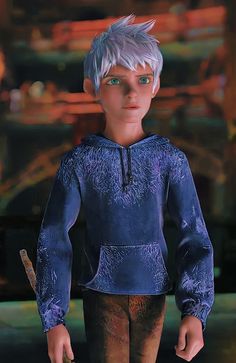 an animated boy with blue hair and green eyes