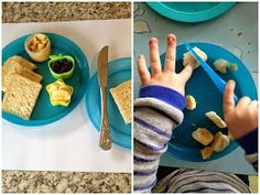 two pictures one with food and the other with hand on plate in front of child's hands