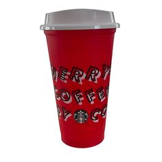 a red starbucks cup with merry coffee on it