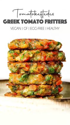 a stack of vegetable fritters sitting on top of a metal pan with text overlay