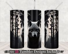 three tumbler designs with an image of a wolf in the woods