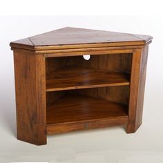 a small wooden shelf with two shelves on one side and an open drawer on the other