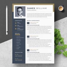 a professional resume template with blue and gold accents on the cover, next to a cup of coffee