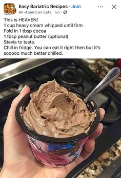 someone is holding an ice cream cup with chocolate frosting in it and the caption says, easy bariita recipe join