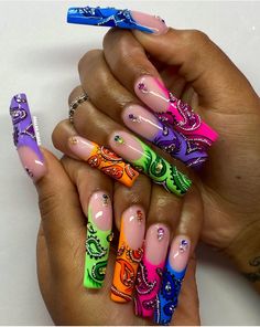 Bandana Nails, Rainbow Nails Design, Fancy Nails Designs, Cute Acrylic Nail Designs, Nail Art Designs Videos, Long Square Acrylic Nails, Bling Acrylic Nails, Nail Designs Glitter