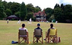 three people sitting in chairs watching a game of cricket on a field with trees and houses in the background