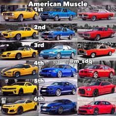 many different colored muscle cars are shown in this image, with the numbers on each side