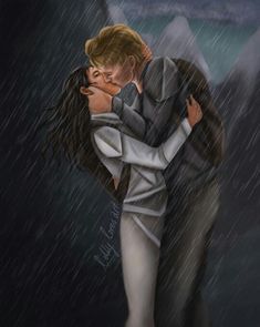 a painting of two people hugging in the rain