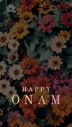 the words happy onam are surrounded by colorful flowers