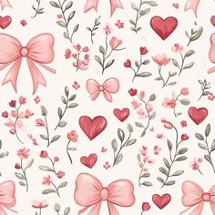 pink and red hearts with bows and leaves on a white background seamless wallpaper