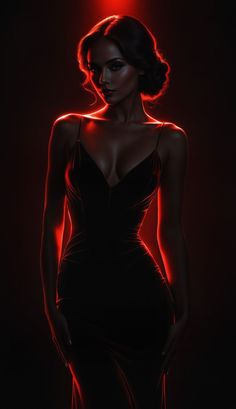 a woman in a black dress with red light coming from her chest and back, standing against a dark background