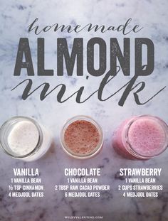 the ingredients for homemade almond milk on a marble counter top with text overlay that reads homemade almond milk