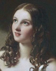 a painting of a woman with long hair wearing a white dress and looking off into the distance