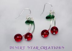 Red Cherry Earrings with Green Leaf  Silver by DesertStarCreations, $17.99 Rock And Roll Girl, French Hook Earrings, Cherry Earrings, Wrap Jewelry, Red Cherry, Wire Crafts, Christmas Earrings, Tube Beads, Seed Bead Jewelry