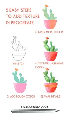 the steps to painting a potted cactus in watercolor with text that reads 5 easy steps to add texture in procreate