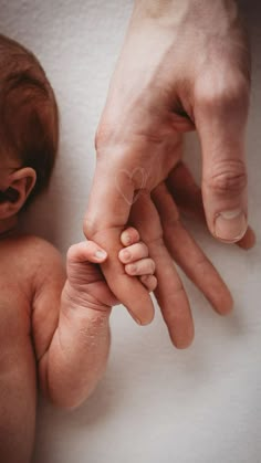 a baby is being held in the palm of its parent's hand as they hold it