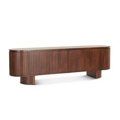 the sideboard is made from wood and has a curved design on one end, with two