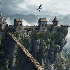 a dragon flying over a castle on top of a cliff with a bridge leading to it