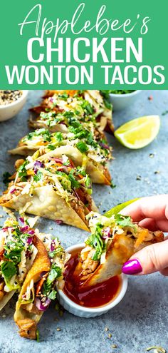 an applebee's chicken wonton tacos is shown with dipping sauce