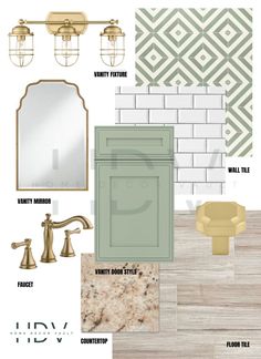 bathroom design board with gold fixtures and green accents, including the vanity mirror, toilet paper holder, sink faucet