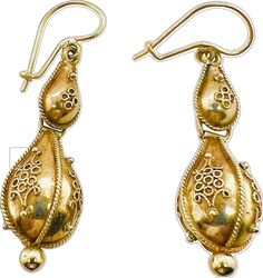 Ceremonial Yellow Gold Drop Earrings, Oval Yellow Gold Earrings With Intricate Design, 14k Yellow Gold Earrings With Intricate Design, Traditional Oval Yellow Gold Earrings, Intricate Yellow Gold Dangle Earrings, Yellow Gold Dangle Earrings With Intricate Design, Ornate 14k Yellow Gold Earrings, Yellow Gold Intricate Drop Earrings, Byzantine Yellow Gold Ceremonial Earrings