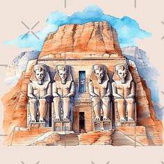 watercolor painting of egyptian statues in front of an ancient building with mountains behind it