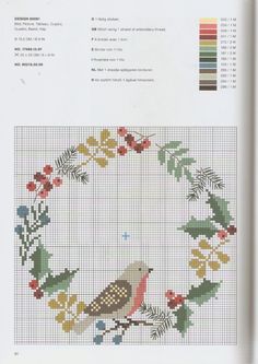 a cross stitch pattern with a bird sitting on a branch in the middle of it