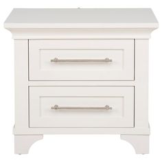 a white nightstand with two drawers on each side