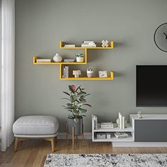 a living room with grey walls, yellow shelves and a white rug on the floor