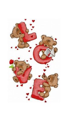 three teddy bears with the letter e and one holding a rose in its paws, surrounded by hearts