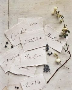 several pieces of paper with writing on them next to some dried flowers and leaves,