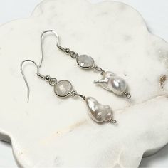 2 Inch Drop Silver 925 Earrings With Moonstone Connector And Baroque Pearls Wire Wrapped With Silver 925 Wire. Moonstone Drop Earrings, 925 Earrings, Butterfly Wing Earrings, Mom Wedding, Jewelry Pearl, Oval Earring, Cz Stud Earrings, Wing Earrings, Jewelry Silver