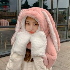 Bunny Ears Hat, Kawaii Hat, Rabbit Hat, Fluffy Bunny, Cute Funny Cartoons, Kawaii Bunny, Beanie Style, Pink Rabbit, Winter Cap