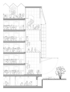 an architectural drawing of a building with multiple levels and balconies on the upper floor