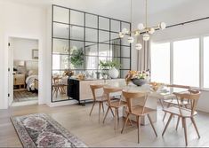 the dining room table is surrounded by chairs and an area rug in front of it