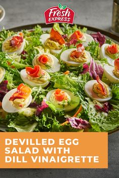 deviled egg salad with dill vinaigrette on a platter and the words fresh express above it