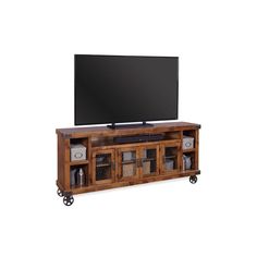 an entertainment center with wheels and a flat screen tv