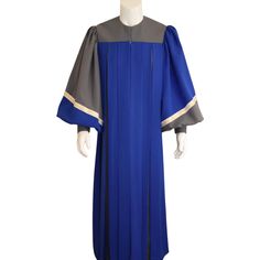 a mannequin wearing a blue and grey graduation gown