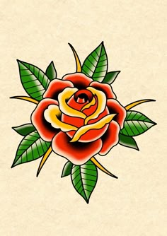 a rose with green leaves on it