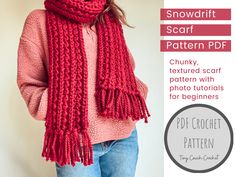 a woman wearing a red knitted scarf with fringes and text that reads, snow drift scarf pattern pd