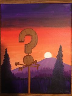 an acrylic painting of a question sign on a pole in front of a sunset