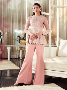 Ridhi Mehra-Senna Pink Embroidered Cape Set-INDIASPOPUP.COM Peplum Top With Pants Indian, Plazo Pants Design Western, Peplum Top With Plazo, A Line Plazo Designs, Peplum With Plazo, Ethnic Coord Sets For Women, Peplum Top Outfits Indian, Plazo Outfits, Peplum Pants